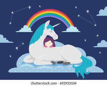 Colorful and Whimsical Illustration Featuring a Cute Little Girl Cuddling With a Unicorn Lying on a Cloud