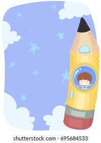 Colorful Whimsical Illustration Featuring a Cute Little Boy Riding a Pencil Shaped Space Shuttle