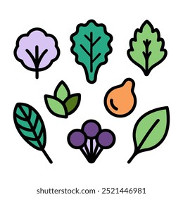 A colorful and whimsical illustration featuring various leafy plants and a single berry cluster, perfect for adding a touch of nature to your designs.