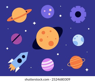 A colorful and whimsical illustration of a galaxy with planets, stars, and a rocket, perfect for adding a touch of fun to your designs.  This playful graphic is ideal for kids' products, projects.