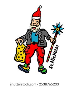 A colorful and whimsical illustration of St. Nicholas in a modern, folk-inspired style, carrying a gift bag and traditional Ukrainian Christmas stick