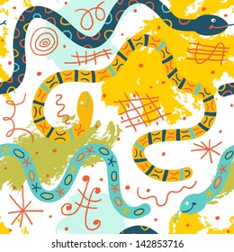 Colorful whimsical pattern with funny snakes. Vector seamless background