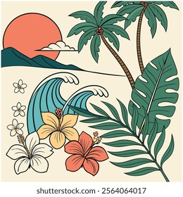 A colorful and whimsical pattern that captures the essence of the lush green foliage to the bright blue waters and vibrant sunsets