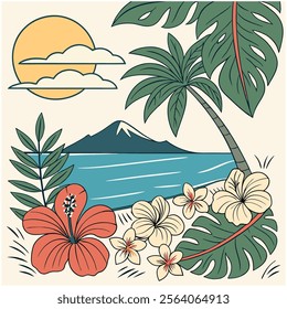 A colorful and whimsical pattern that captures the essence of lush green foliage to the bright blue waters and vibrant sunsets