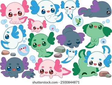 Colorful and whimsical vector illustration of axolotls, featuring their distinctive frilly gills and playful expressions. Perfect for nature-themed designs and educational materials.