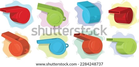 Colorful whistles displayed in different angles. Icon Whistle. Whistle set. 