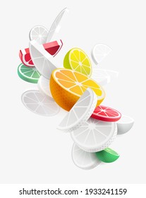 Colorful and white 3D citrus fruits. Abstract concept vector composition.