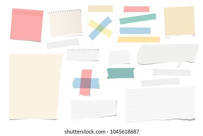 Colorful and white adhesive, sticky, masking, duct tape pieces torn note, notebook paper for text are isolated on white background.