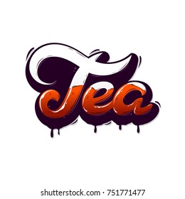 Colorful and white Lettering Tea for poster. Lettering Tea for cup. Lettering for T-Shirt. For coffeeshop. Hand-lettering for cafe. Sticker. Brush colourful.