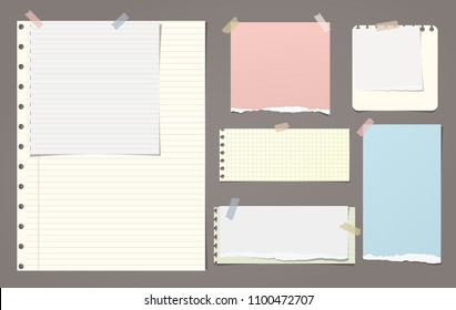 Colorful and white lined torn note, notebook paper pieces for text stuck with sticky tape on brown background. Vector illustration.