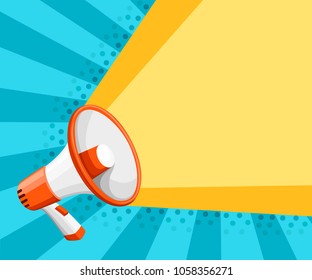 Colorful white megaphone. Bullhorn for amplifying the voice for protests rallies or public speaking. Vector illustration on turquoise background. Web site page and mobile app design.