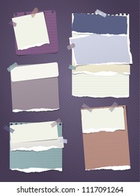 Colorful and white note, notebook paper pieces with torn edges stuck on dark lined purple backgroud. Vector illustration.