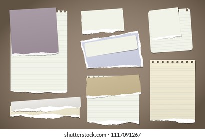 Colorful and white note, notebook paper pieces with torn edges stuck on brown backgroud. Vector illustration.