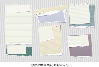 Colorful and white note, notebook paper pieces with torn edges stuck on lined gray backgroud. Vector illustration.