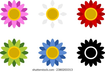 Colorful White Red Green Black Blue and Pink Daisy Chamomile Flower Symbol Icon Set. Vector Image.