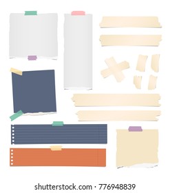 Colorful and white ripped lined, blank note, notebook paper strips, sheets, beige adhesive, sticky tape for text or message stuck on white background