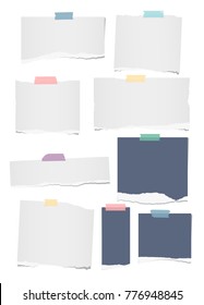 Colorful and white ripped lined, blank note, notebook paper strips, sheets, beige adhesive, sticky tape for text or message stuck on white background
