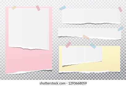 Colorful and white ripped lined notebook paper, torn note paper strips stuck on squared background. Vector illustration