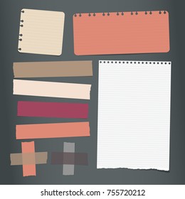 Colorful, white ripped lined notebook, note paper, sticky adhesive tape for text or message on black background. Vector illustration.