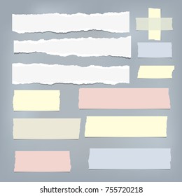 Colorful, white ripped note paper strips, sticky, adhesive tape for text or message on gray background. Vector illustration.