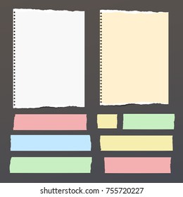 Colorful, white ripped notebook, note paper, sticky adhesive, tape for text or message on black background. Vector illustration.