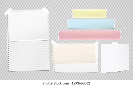 Colorful and white ripped notebook paper, torn note paper strips stuck on grey background. Vector illustration