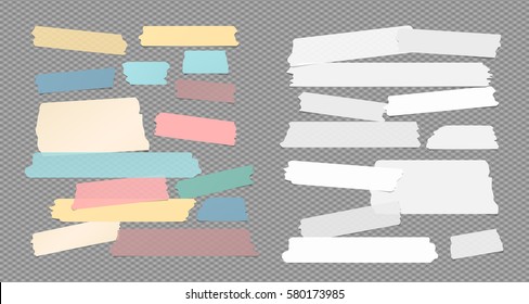 Colorful and white ripped sticky, adhesive masking tape, note paper strips stuck on squared gray background