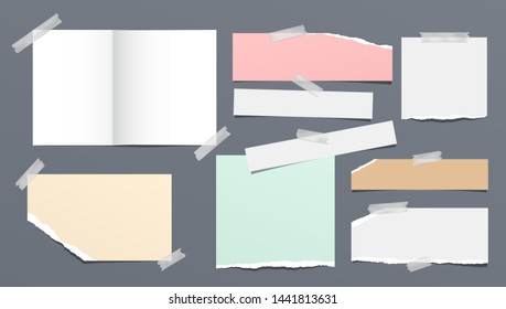 Colorful and white ripped, torn note, notebook paper strips, stuck with sticky tape on grey background. Vector illustration