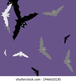 Colorful White Sky Grey Art Flying Bats Fabrics. Purple Retro Black Night Scary Bats Vector Illustration. Print Eyes Violet Creepy Background. Attack Motion Gothic Spooky Halloween Art Illustration.