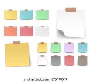 Colorful and white stickers square. Blank colorful sticky notes set. Sticky reminder notes realistic colored paper sheets office papers with shadow