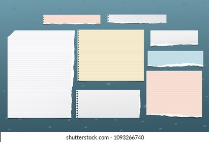 Colorful and white torn lined note, notebook paper pieces for text stuck dark blue background. Vector illustration.
