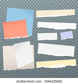 Colorful and white torn note, notebook paper pieces for text stuck on blue squared background. Vector illustration.