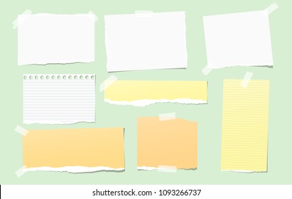 Colorful and white torn note, notebook paper pieces for text stuck on bright green background. Vector illustration.