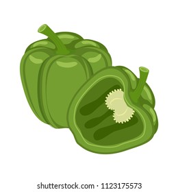 Colorful whole and half  green bell pepper vegetable vector illustration isolated on white background.