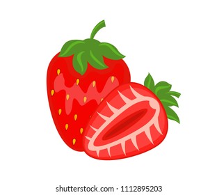 Colorful whole and half  red strawberry vector illustration isolated on white background.