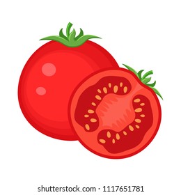 Colorful whole and half  red tomato vegetable vector illustration isolated on white background.