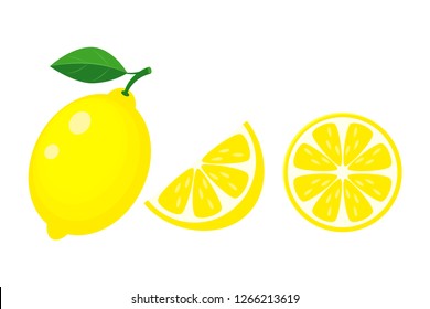 Colorful whole, half and slice lemon with green leaf. Vector illustration isolated on white background.