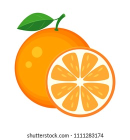 Colorful whole and slice orange with green leaf. Vector illustration isolated on white background.