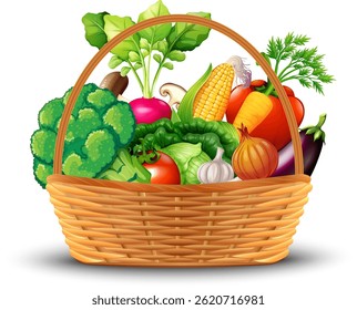 Colorful wicker basket filled with fresh vegetables tomatoes,  and leafy greens. Perfect for farm, organic food, market, and healthy lifestyle designs.