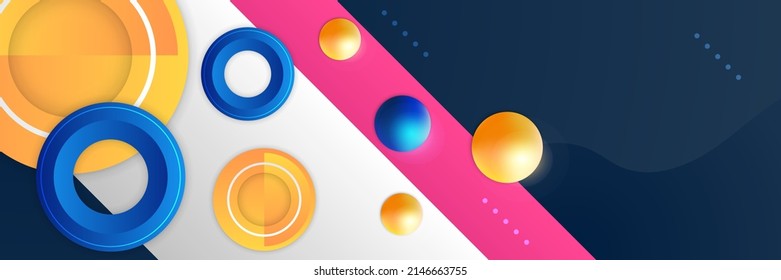 Colorful wide banner background with abstract circle, geometric shapes. Vector illustration for social media cover design, presentation background, trendy tech banner