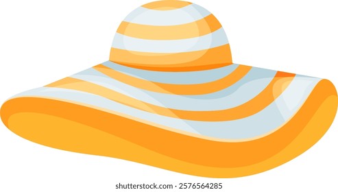 Colorful wide brimmed hat featuring vibrant orange and white stripes, perfect for summer outings. The hat s design combines fashion and sun protection, ideal for beach or garden wear