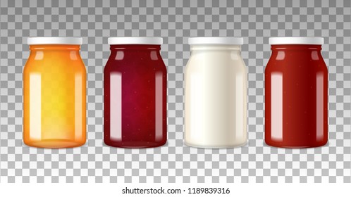 Colorful wide neck glass bottles with white screw caps on transparent background realistic vector illustration 