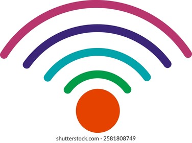 A colorful Wi-Fi signal icon with a modern and minimalistic design. The symbol consists of a central orange dot with curved signal waves in gradient colors, representing wireless connectivity.