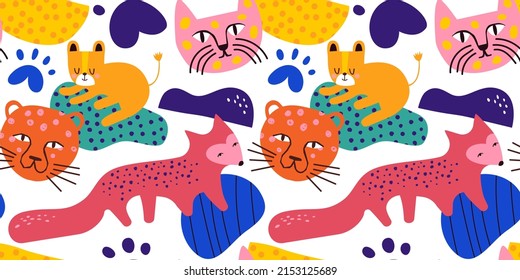 Colorful wild animal drawing seamless pattern. Modern trendy cat shapes with fox and abstract geometric shape background.