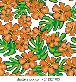 colorful wild exotic orange flowers and green leaves on white background cartoon style floral seamless pattern