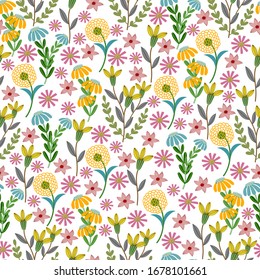 Colorful Wild flower seamless pattern on white background.Vector design for textile,wallpaper and card print.