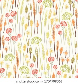 Colorful wild flowers field, seamless texture pattern with hand drawn silhouette plants, vector meadow illustration in vintage style.