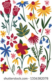 Colorful Wild or Garden Blooming Flowers, Leaves, Herbaceous Flowering Plants, Floral Seamless Pattern, Seasonal Decor Vector Illustration