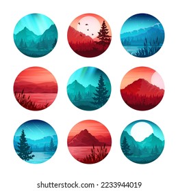 Colorful wild nature landscape, panorama with mountains, hills and forests. Travel and adventure, camping, wildlife. Coniferous trees, bushes and grasses. Vector illustration