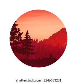 Colorful wild nature landscape, panorama with mountains, hills and forests. Travel and adventure, camping, wildlife. Coniferous trees, bushes and grasses. Vector illustration